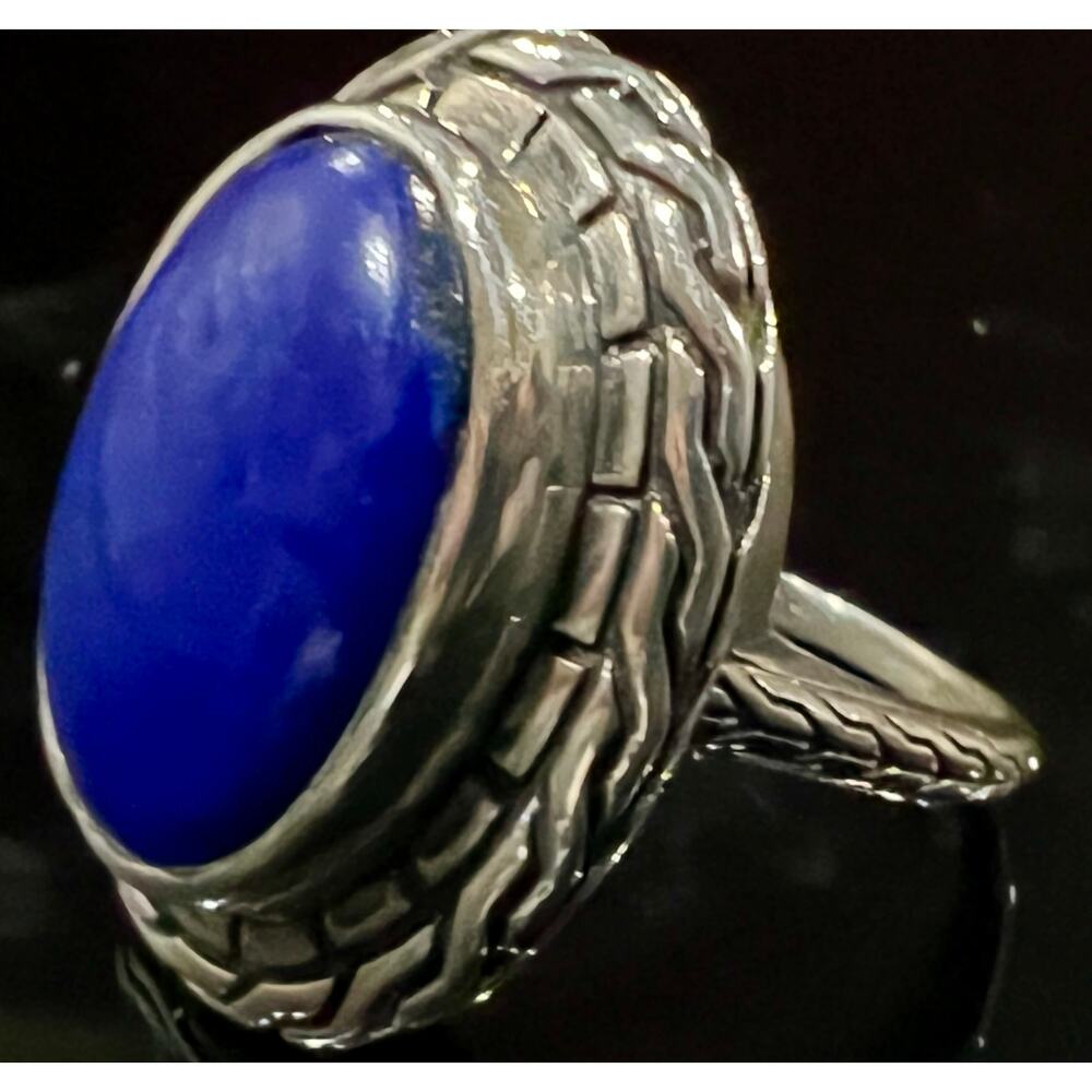 Large STS Sterling Silver & Lapis Lazuli Basket Weave Statement Ring - Picture 6 of 12